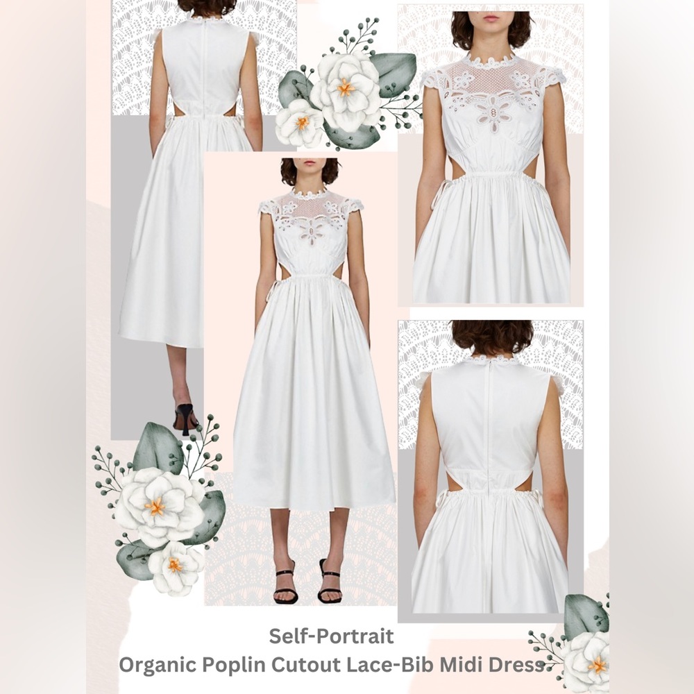 Self Portrait Organic Poplin Cutout Lace-Bib Midi Dress